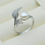 Freshwater Pearl Zirconia Silver Leaf Adjustable Ring