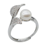 Freshwater Pearl Zirconia Silver Leaf Adjustable Ring