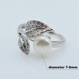 Freshwater Pearl Zirconia Silver Leaf Adjustable Ring