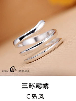 Smooth Three-Ring Snake Silver Ring, Couple Wide Band, Japan Korea Style