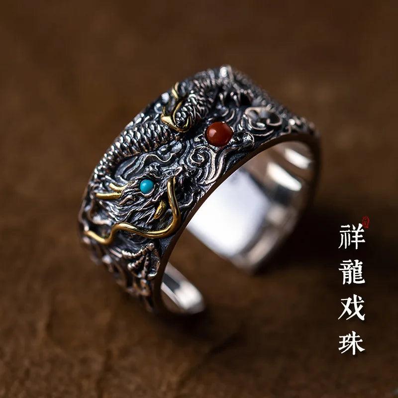 Buddhistone Silver Xianglong Pearl Ring for Men Retro China-Chic Open Ring
