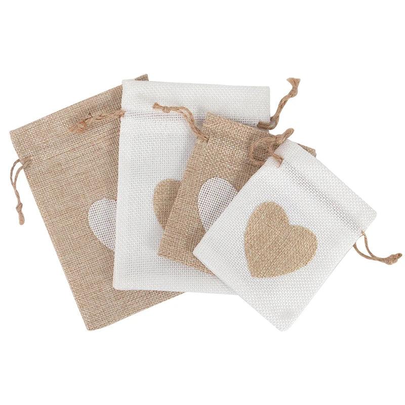 10pcs Natural Linen Drawstring Bags Heart Shape Burlap Packaging Bag