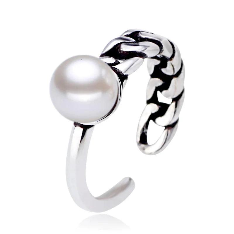 925 Silver Pearl Chain Asymmetric Ring Women Jewelry Lady Accessories
