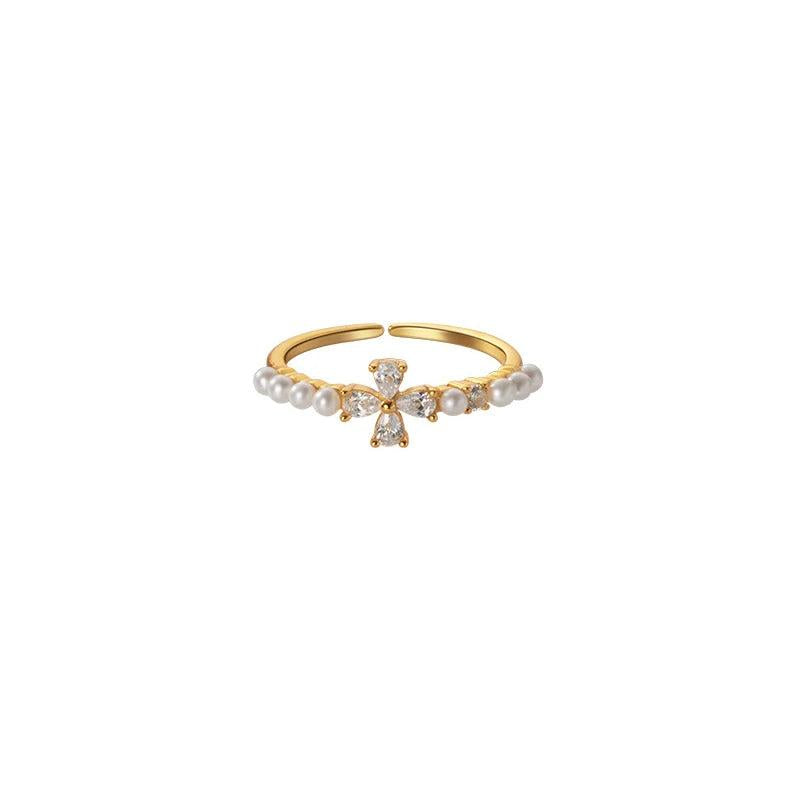 925 Silver Flower Square Pearls Zircon Rings for Women