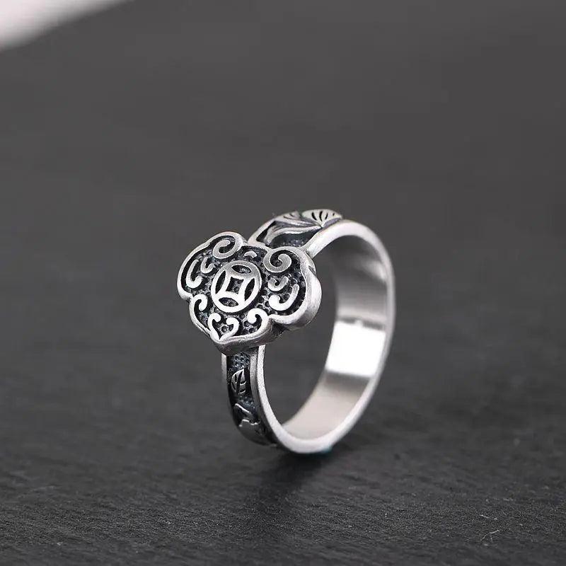 S925 Silver Retro Ingot Pattern Exaggerated Adjustable Women's Ring