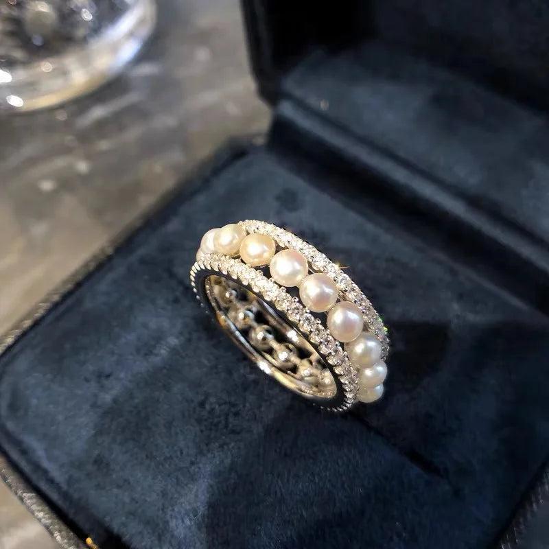 925 Silver Pave Round Pearl Ring Wedding Engagement Resizable Jewelry