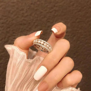 925 Silver Pave Round Pearl Ring Wedding Engagement Resizable Jewelry