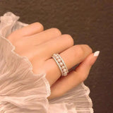 925 Silver Pave Round Pearl Ring Wedding Engagement Resizable Jewelry
