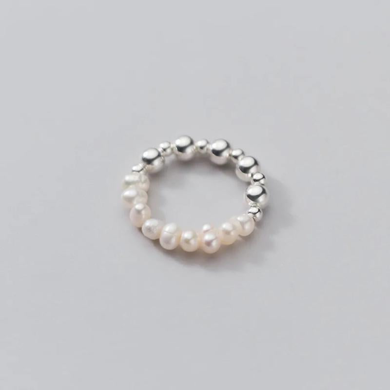 925 Silver Baroque Pearl Beads Elastic Ring Wedding Jewelry
