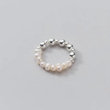 925 Silver Baroque Pearl Beads Elastic Ring Wedding Jewelry