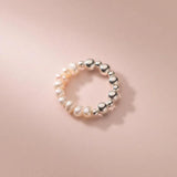 925 Silver Baroque Pearl Beads Elastic Ring Wedding Jewelry