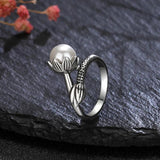 Vintage 925 Silver 8MM Pearl Flower Ring Women Jewelry Gift