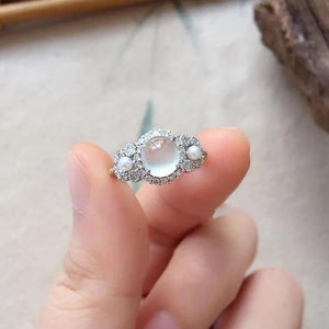 Chalcedony Egg Noodle Round Bead Adjustable Ring with Pearl Inlay