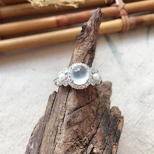 Chalcedony Egg Noodle Round Bead Adjustable Ring with Pearl Inlay