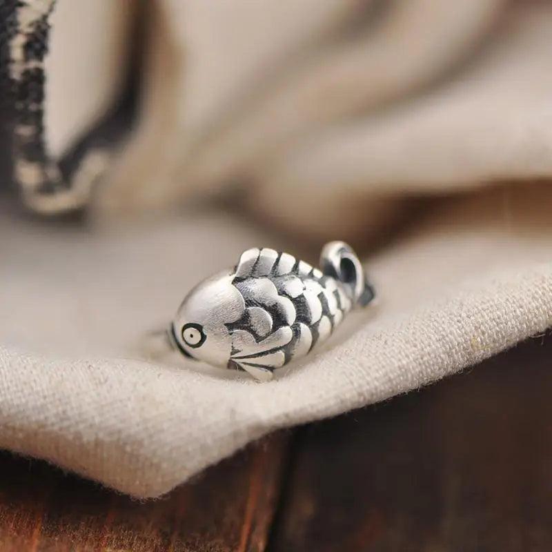S925 Silver Koi Fish Ring Retro Opening Cold Wind Creative