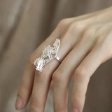 925 Silver Butterfly Flower Pearl Ring for Women Girl Gift Ethnic Tassel Jewelry