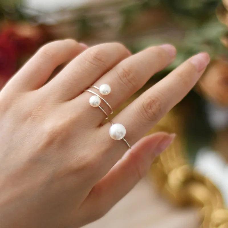 925 Silver Double Pearl Ring for Women, Open Design