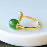 Hetian Jade Green Jade Ball Ring Spinach Green Sterling Silver Inlaid Pearl