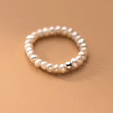 925 Silver Pearl Bead Ring for Women Adjustable Geometry Jewelry