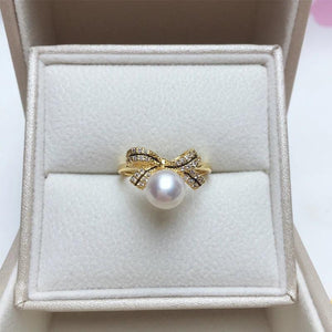 Natural Pearl Ring Ins Personality Bow 14K Gild Female Girl Ring Jewelry