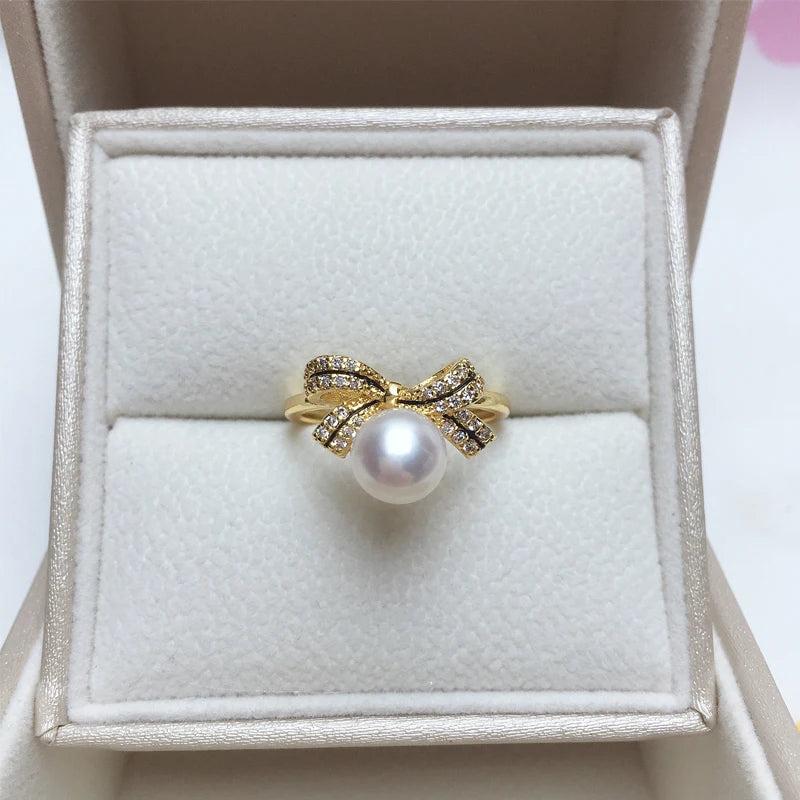Natural Pearl Ring Ins Personality Bow 14K Gild Female Girl Ring Jewelry