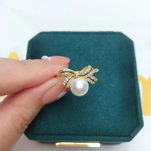 Natural Pearl Ring Ins Personality Bow 14K Gild Female Girl Ring Jewelry