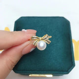 Natural Pearl Ring Ins Personality Bow 14K Gild Female Girl Ring Jewelry