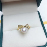 Natural Pearl Ring Ins Personality Bow 14K Gild Female Girl Ring Jewelry