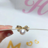 Natural Pearl Ring Ins Personality Bow 14K Gild Female Girl Ring Jewelry