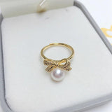 Natural Pearl Ring Ins Personality Bow 14K Gild Female Girl Ring Jewelry