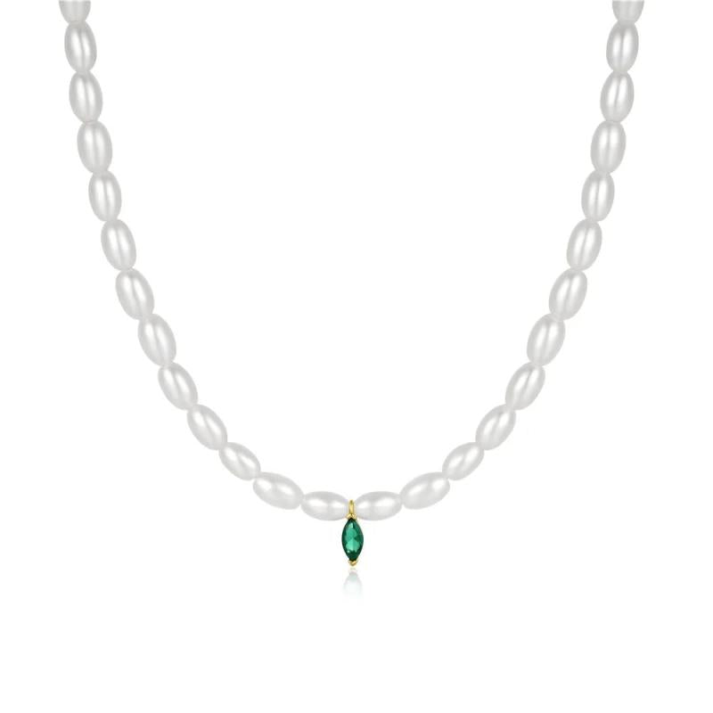 925 Sterling Silver Pearl Necklace Emerald Cross Pendant