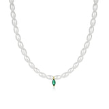 925 Sterling Silver Pearl Necklace Emerald Cross Pendant