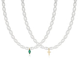 925 Sterling Silver Pearl Necklace Emerald Cross Pendant