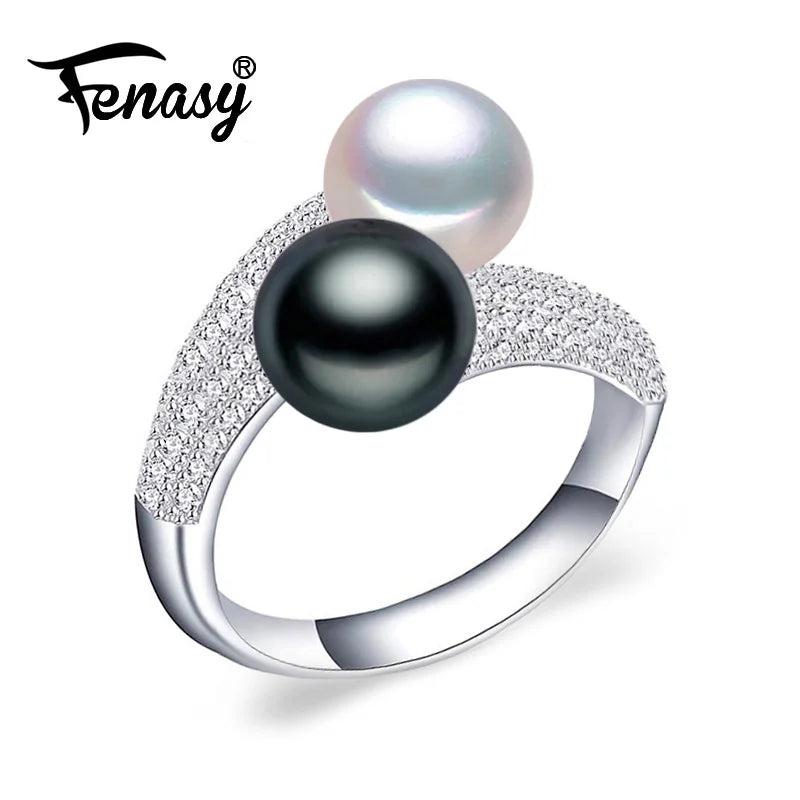 Double Pearl Zircon Silver Ring Adjustable Wedding Engagement