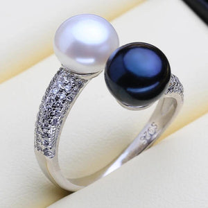 Double Pearl Zircon Silver Ring Adjustable Wedding Engagement