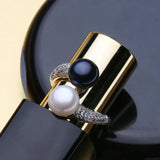 Double Pearl Zircon Silver Ring Adjustable Wedding Engagement