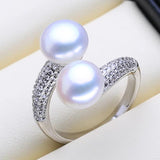 Double Pearl Zircon Silver Ring Adjustable Wedding Engagement