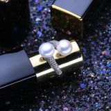 Double Pearl Zircon Silver Ring Adjustable Wedding Engagement