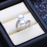 Double Pearl Zircon Silver Ring Adjustable Wedding Engagement