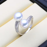 Double Pearl Zircon Silver Ring Adjustable Wedding Engagement