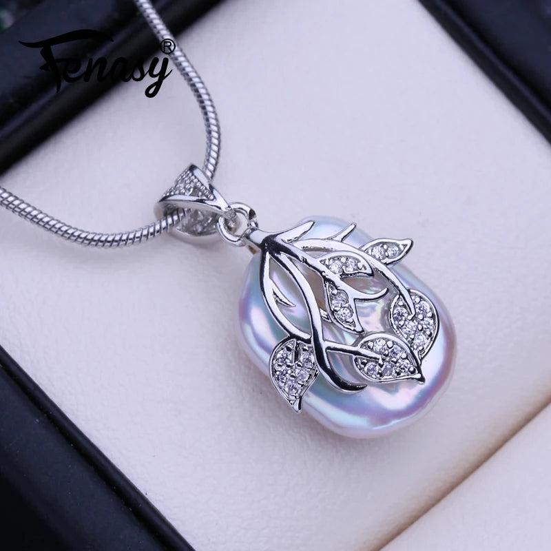 Large Baroque Pearl Pendant Necklace Silver Birthday Gift