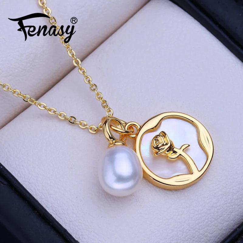 Freshwater Pearl Necklace Round Rose Pendant Chain Party Jewelry Gift