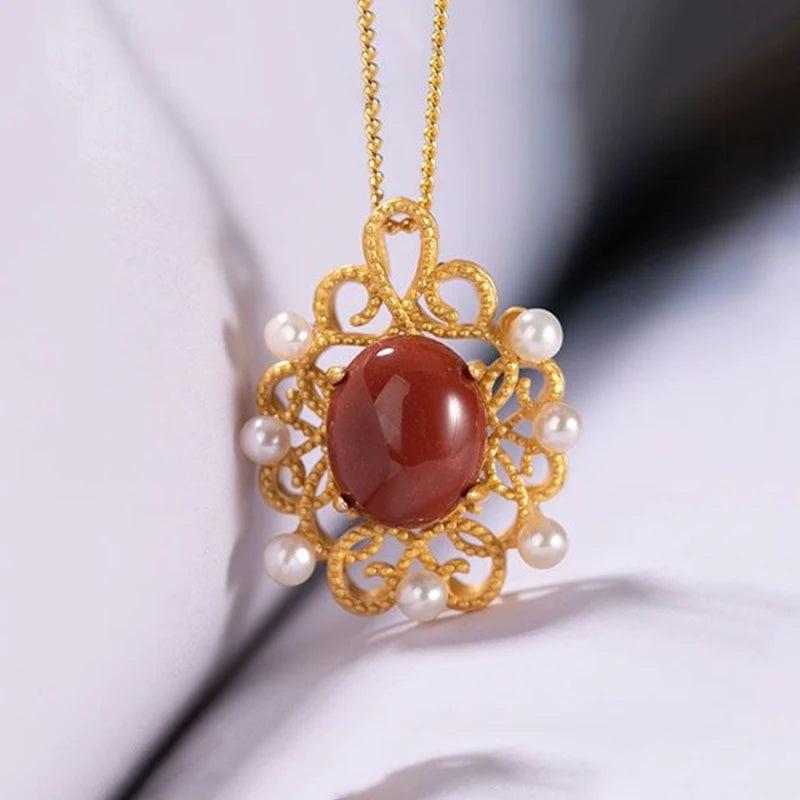 Silver Red Tourmaline Chalcedony Pearl Pendant Necklace Ethnic Jewelry