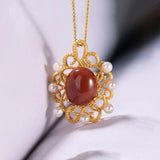 Silver Red Tourmaline Chalcedony Pearl Pendant Necklace Ethnic Jewelry