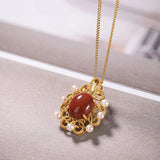 Silver Red Tourmaline Chalcedony Pearl Pendant Necklace Ethnic Jewelry