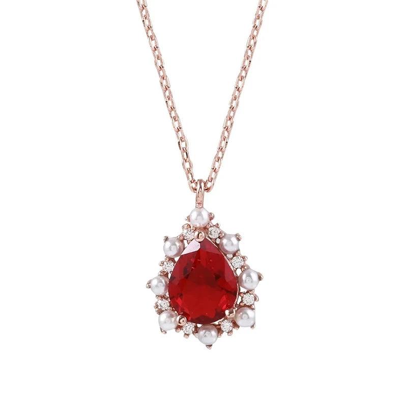 925 Silver Necklace Ruby Pearl Zircon Pendant Women Wedding