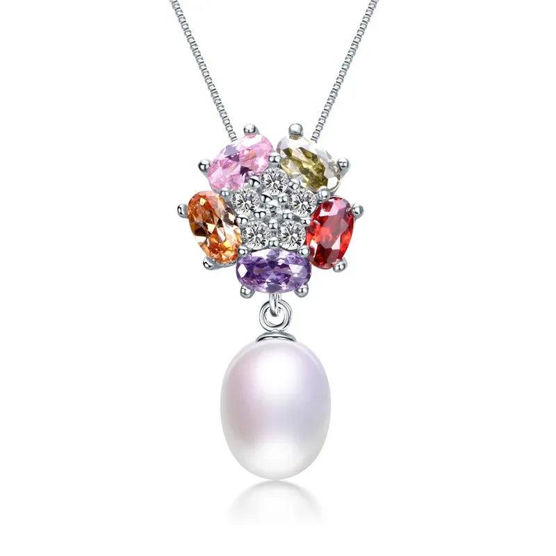 925 Silver Zircon Pendant & Freshwater Pearl Necklace