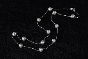 925 Silver Needle Choker Necklace with 6mm Pearl Box Chain