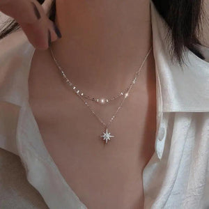 925 Silver Double Beads Chain Star Moon CZ Choker Necklace Wedding Party