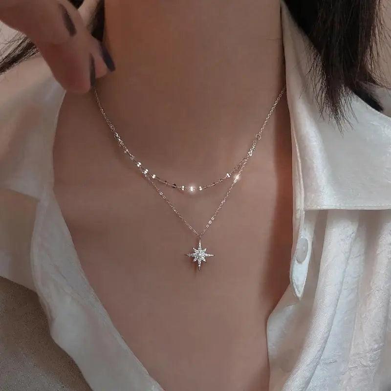 925 Silver Double Beads Chain Star Moon CZ Choker Necklace Wedding Party